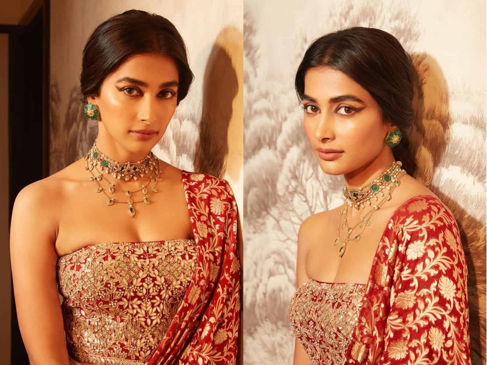 Pooja Hegde Dazzles in Red Saree at Vijay’s Audio Launch